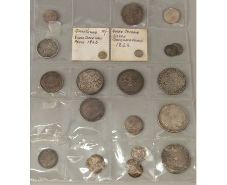 A varied selection of English coinage mainly silver George II crown 1739, shilling 1758-1787 sixpence 1758 William and Mary h