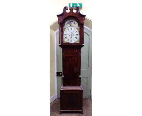 An early 19th century mahogany longcase clock, the case with crossbanded borders, the hood with swan necked cornice enclosing