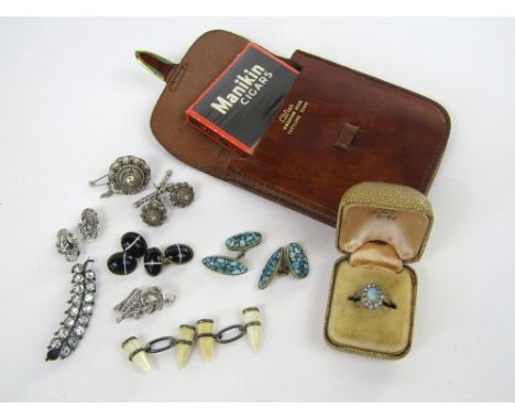 Small quantity of costume jewellery to include a gold plated opaline and paste set ring and a pair of tooth cufflinks, etc