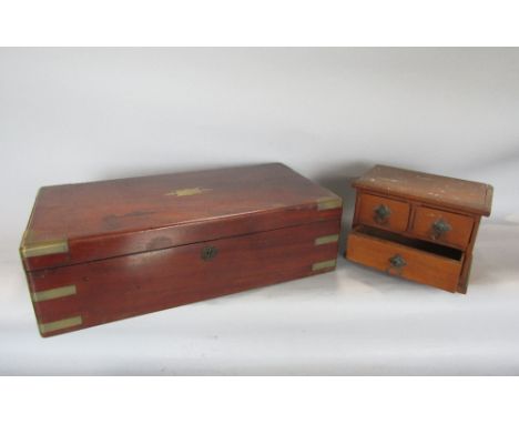 Edwardian oak miniature bank of three drawers, 18cm high, together with further 19th century mahogany and brass fitted box, 5