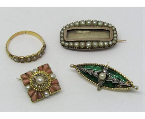 Good antique lot comprising three brooches to include a coral, diamond and pearl set example of square form, a further lozeng
