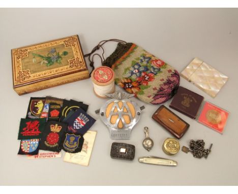 19th century mother of pearl card case, Georgian horn and gold inlaid snuff box, another silver watch chain, vintage AA badge