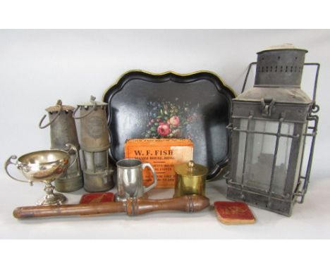 The Protector miners lamp, another, convex mirror, lantern, Maxim golf ball box and contents, lacquered tray, etc