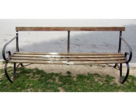 A sprung steel garden/park bench with slatted seat and back rail, 180 cm long approx