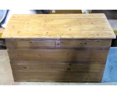 A 19th century stripped and waxed pine travelling trunk with steel banded borders, together with a further 19th century strip