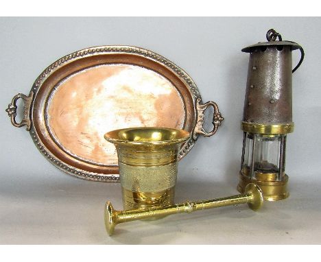 A box of metalwares to include a miners lamp, brass pestle and mortar, twin handled gallery tray; together with a cased set o