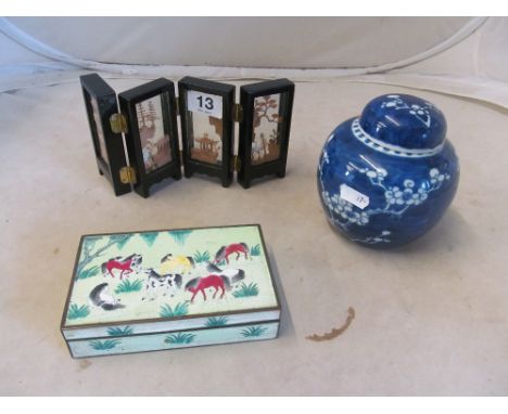 An enamel box decorated horses, miniature folding screen and a blue and white ginger jar