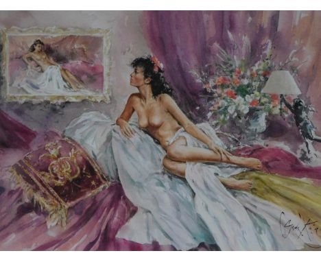 A framed and glazed print depicting a naked woman looking at a painting of a naked woman, indistinctly signed. 78x94cm 