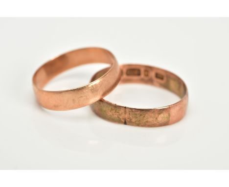 TWO ROSE GOLD COLOURED WIDE BANDS, the first of a plain polished design, hallmarked 9ct gold Birmingham, ring size L, approxi
