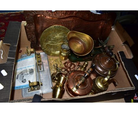 COPPER AND BRASS ETC, to include a arts and crafts rectangular tray with a sunburst design, copper kettles, brass bell missin