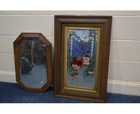 AN EARLY 20TH CENTURY OAK FRAMED GYPSIE MIRROR, 55cm x 86cm and another wall mirror with cantered corners (sd)  (2)