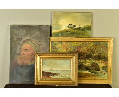 FOUR LATE 19TH/EARLY 20TH CENTURY OILS ON CANVAS, comprising an unframed head and shoulders portrait of a fisherman, 61cm x 4