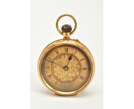 A LADIES 18CT GOLD OPEN FACED POCKET WATCH, the yellow metal watch designed with a floral engraved dial, Roman numerals, to a