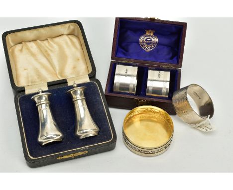 A SELECTION OF SILVER ITEMS, to include a cased George V salt and pepper pot, of a plain polished design hallmarked Birmingha