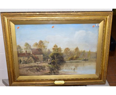 ALBERT MARLOW (1862-1911), 'LONGMOOR POOL, SUTTON COLDFIELD', figures and buildings beside a pool, signed and dated 1887, att