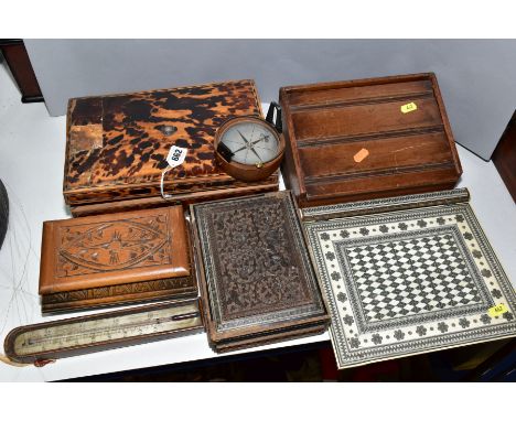 FOUR VARIOUS 19TH AND EARLY 20TH CENTURY BOXES, a cased thermometer, etc, including a rectangular tortoiseshell box, with los