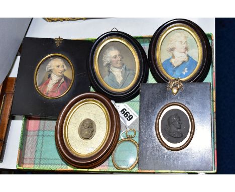 THREE FRAMED WATERCOLOUR PORTRAIT MINATURES OF LATE 18TH CENTURY GENTLEMEN, titled verso Burke, Sheriden and Prince William H