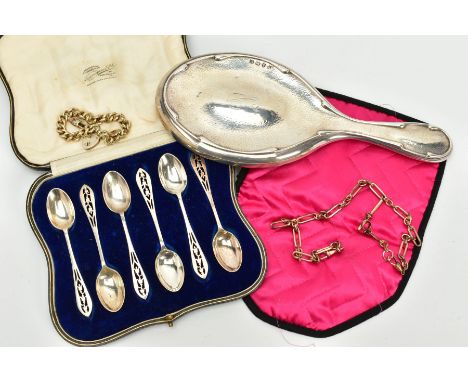 A SELECTION OF ITEMS, to include a cased set of six Geo V teaspoons, each with an openwork floral design handle, hallmarked S