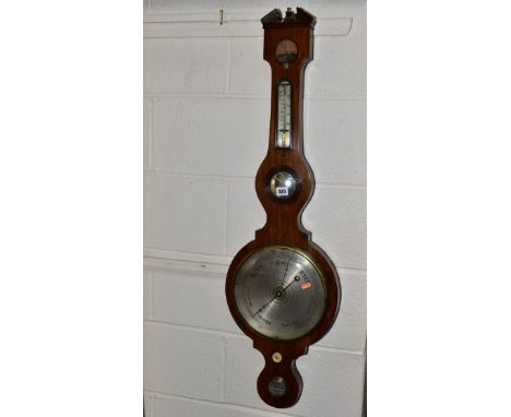 AN EARLY 19TH CENTURY ROSEWOOD WHEEL BAROMETER, broken architectural pediment with brass urn finial, dry/damp dial is loose, 