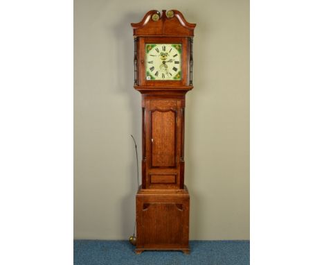 A GEORGE III OAK AND MAHOGANY BANDED LONGCASE CLOCK, broken swan neck pediment, turned columns flanking the hood door, painte