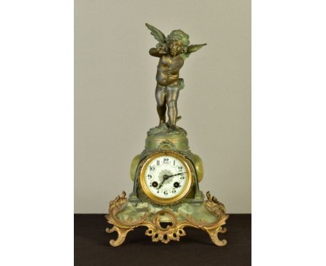 A LATE 19TH/EARLY 20TH CENTURY FRENCH GREEN ONYX VERDIGRIS GILT METAL MANTEL CLOCK, with figure of cupid with bow and arrows,