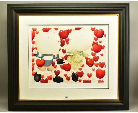 MACKENZIE THORPE (BRITISH 1956) 'DANCING IN LOVE', a limited edition print of a couple surrounded by love hearts, signed to l