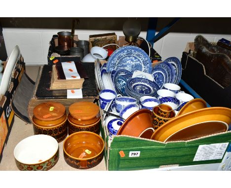 TWO BOXES AND LOOSE CERAMICS AND SUNDRIES ETC, to include blue and white Willow pattern by Burleigh, Churchill, Crown and unb