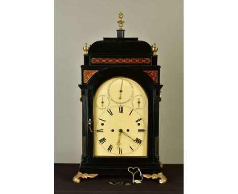 A GEORGE III AND LATER EBONISED AND GILT METAL MUSICAL STRIKING AND QUARTER CHIMING BRACKET CLOCK, the bell shaped top with c