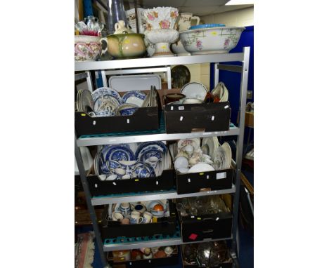 EIGHT BOXES AND LOOSE CERAMICS AND GLASSWARE, ASSORTED PRINTS, METALWARES ETC, including table lamp, late Victorian/Edwardian