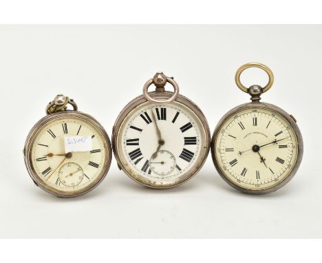 TWO OPEN FACED POCKET WATCHES, A SILVER CASE AND MOVEMENT, the first with a cream dial, Roman numerals, seconds subsidiary di