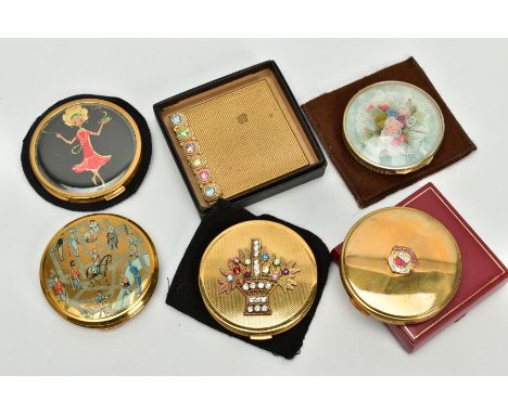 A QUANTITY OF COMPACTS, to include six compacts of various designs such as a square engine turn design 'Volupte' compact set 