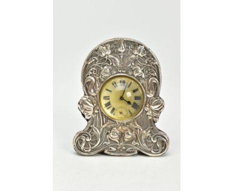 A SILVER FRONTED ART NOUVEAU CLOCK, pocket watch style, mechanical hand would movement, Roman numerals with seconds sweep sub