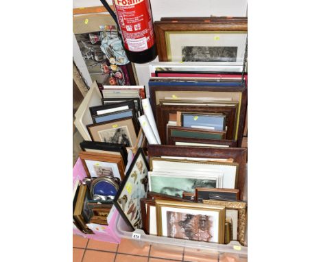 FOUR BOXES OF ASSORTED PICTURES, PRINTS AND FRAMES, ETC, to include miniature oils signed Gary, Aubrey Waterfield prints, dry