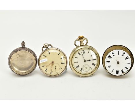 TWO SILVER OPEN FACED POCKET WATCHES AND ONE OTHER, the first with a white dial, Roman numerals, seconds subsidiary dial at t