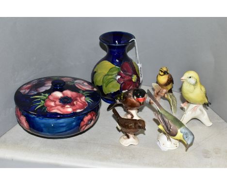 A SMALL GROUP OF CERAMICS, to include two pieces of Moorcroft Pottery, a bulbous vase, purple Clematis on a dark blue ground,