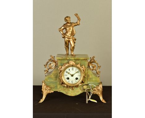 A LATE 19TH CENTURY GREEN ONYX AND GILT METAL FIGURAL MANTEL CLOCK, the enamel dial (hairlined between 5 and 6 o'clock up to 