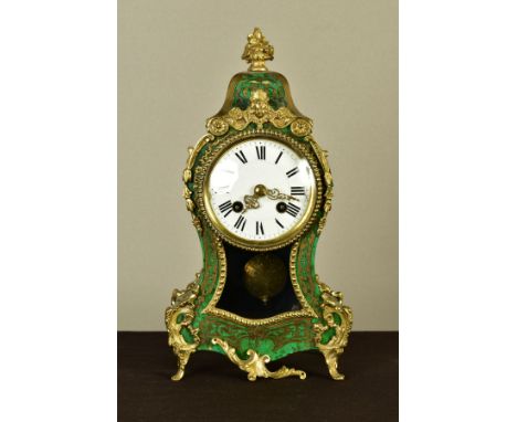 A LATE 19TH CENTURY FRENCH GREEN BOULLE WORK CLOCK, gilt metal mounts, vase of flowers finial, white enamel dial, Roman numer