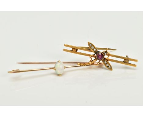 TWO BAR BROOCHES, the first of a plain polished design set with an oval cabochon opal, stamped 15ct, length 55mm, approximate