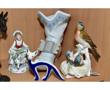 A KARL ENS VOLKSTEDT-RUDOLSTADT PORCELAIN FIGURE GROUP, depicting bird feeding chicks in a nest, height 15cm (chip to leaf), 