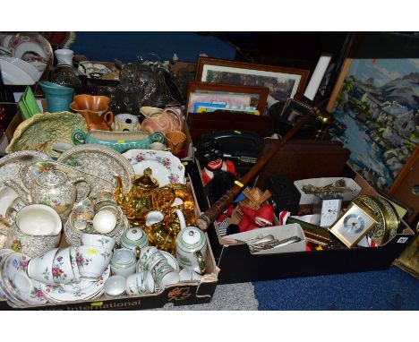FOUR BOXES AND LOOSE CERAMICS, METALWARES, TREEN, CLOCKS, NEEDLEWORK PICTURES, etc, including Empire crinoline lady coffee an