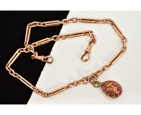 A 9CT GOLD ALBERT CHAIN AND GOLD PLATED FOB, the Albert chain of fancy link design each link stamped 9.375, fitted with two l