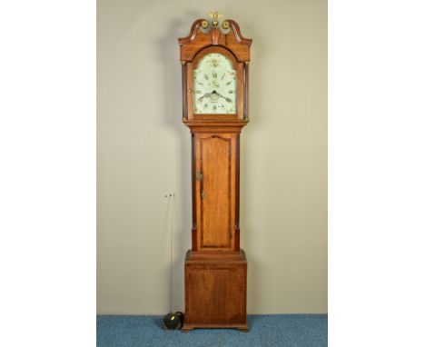 A GEORGE III OAK LONGCASE CLOCK WITH MAHOGANY AND WALNUT BANDING, broken swan neck pediment with brass eagle on sphere finial