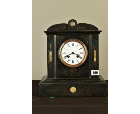 A LATE VICTORIAN BLACK SLATE ARCHITECTURAL MANTEL CLOCK WITH INSET MARBLE AND GILT INCISED DECORATION, white enamel dial, wit