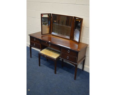 A STAG MINSTREL DRESSING TABLE with a triple mirror, width 153cm and matching stool (sd) (2)