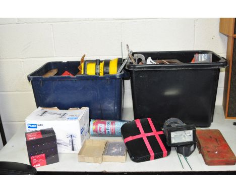 TWO BOXES CONTAINING TOOLS AND WATCH PARTS, including a Virgin box, PIR light, bath tap, tray of watch parts etc