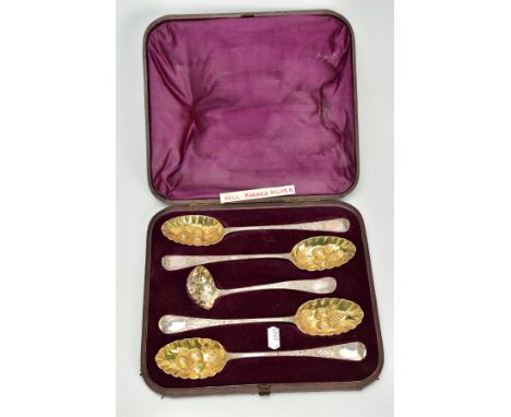 A CASED SET OF SILVER GEORGEIAN SPOONS, to include four tablespoons, each with an embossed fruit design to the bowl, scallop 