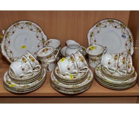 A MAYER &amp; SHERRATT MELBA CHINA TEASET, comprising two cake plates, milk jug, sugar bowl, twelve cups (five hairlines and 