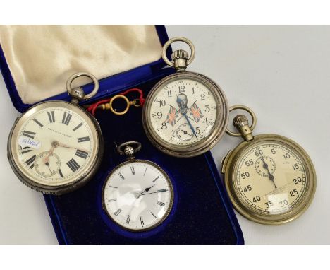 THREE POCKET WATCHES AND A STOP WATCH, to include a silver open faced watch, white dial, Roman numerals, dial signed 'Improve