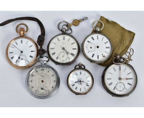 SIX OPEN FACED POCKET WATCHES, to include three silver watches such as two with white dials, Roman numerals, each with second