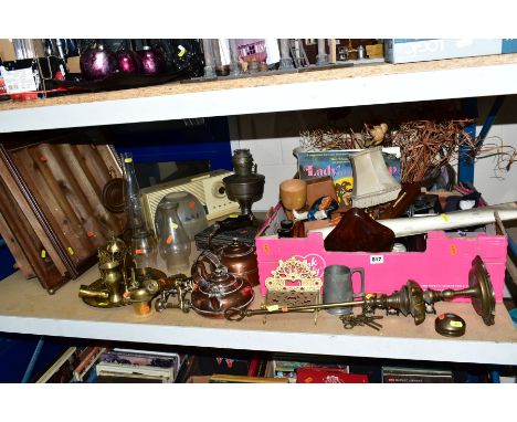 TWO BOXES AND LOOSE COPPER, BRASS, TREEN, COLLECTABLES, etc, including two display frames, a white plastic Bush radio, oil la